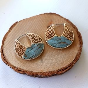 Gold and turquoise round dangling earrings.